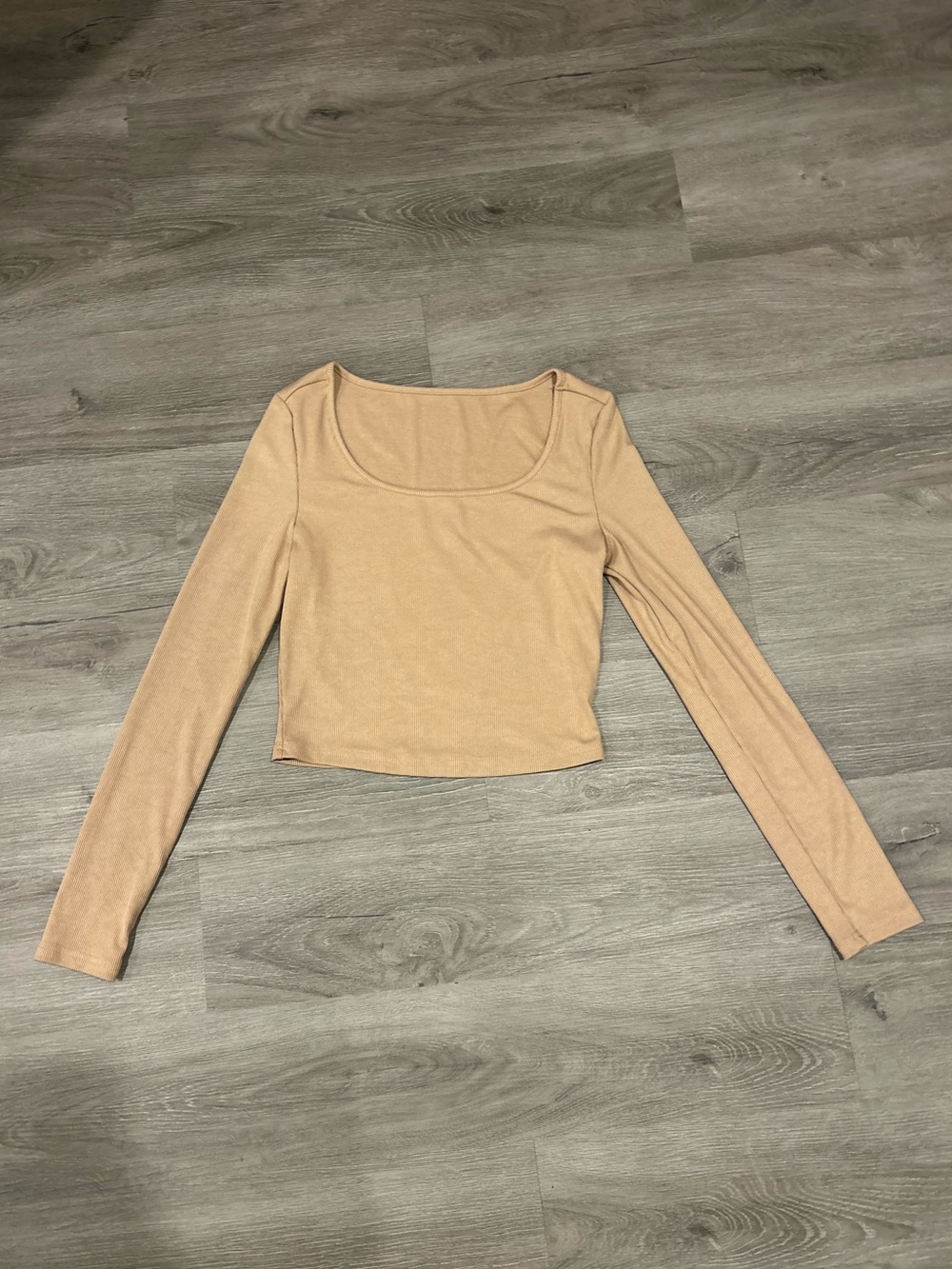 SHEIN Ribbed Beige Scoop Neck Long Sleeve Crop Top Medium